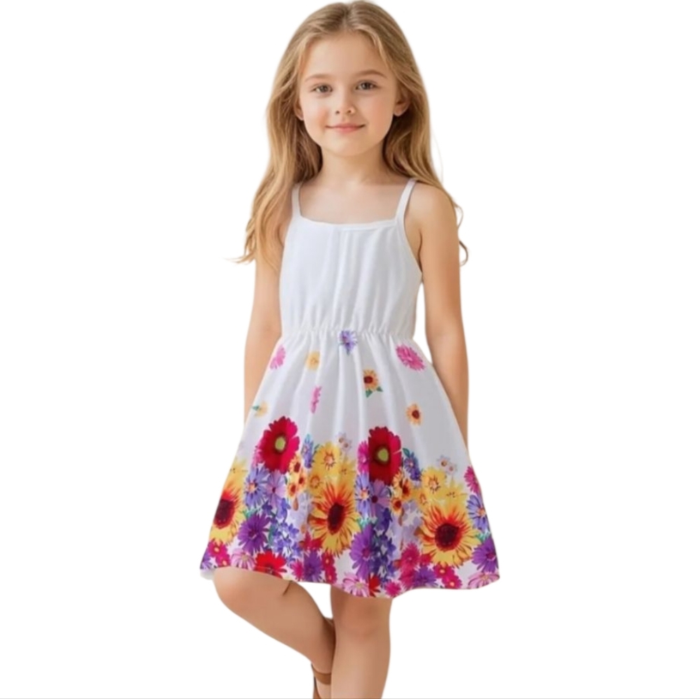 Toddler Girls Boho White Vibrant Floral Print Summer‎ Sleeveless V-Neck Dress